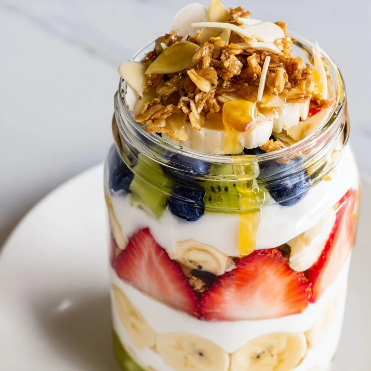 Cool and delicious layered yogurt fruit parfait: a refreshing and healthy breakfast ready in minutes.