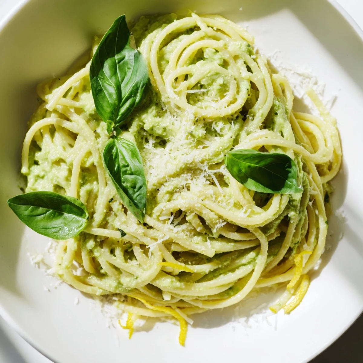 Close-up of vibrant Creamy Avocado Pasta, perfectly coated and garnished with fresh basil.