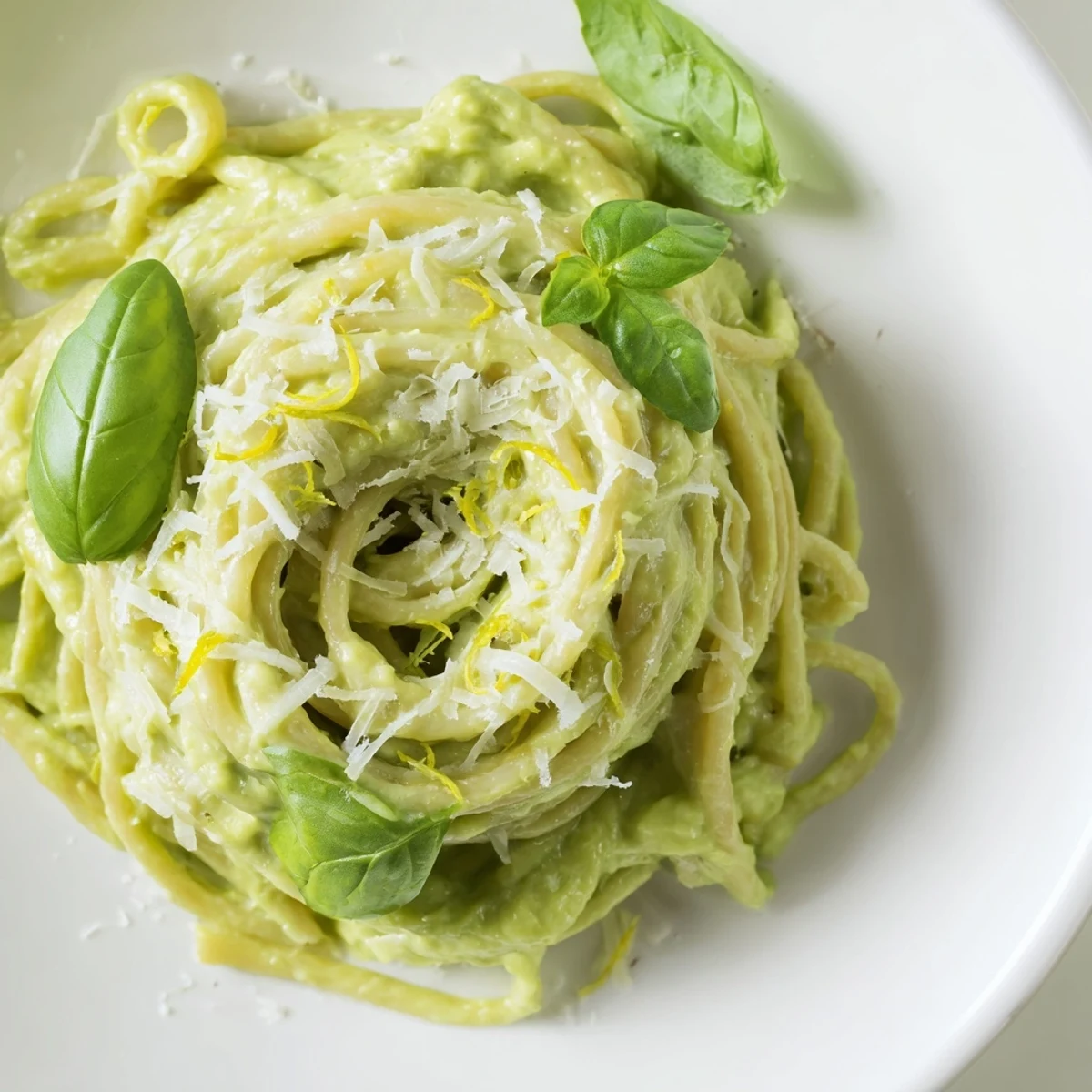 Freshly made Creamy Avocado Pasta, a vegetarian delight with creamy avocado sauce and Parmesan.