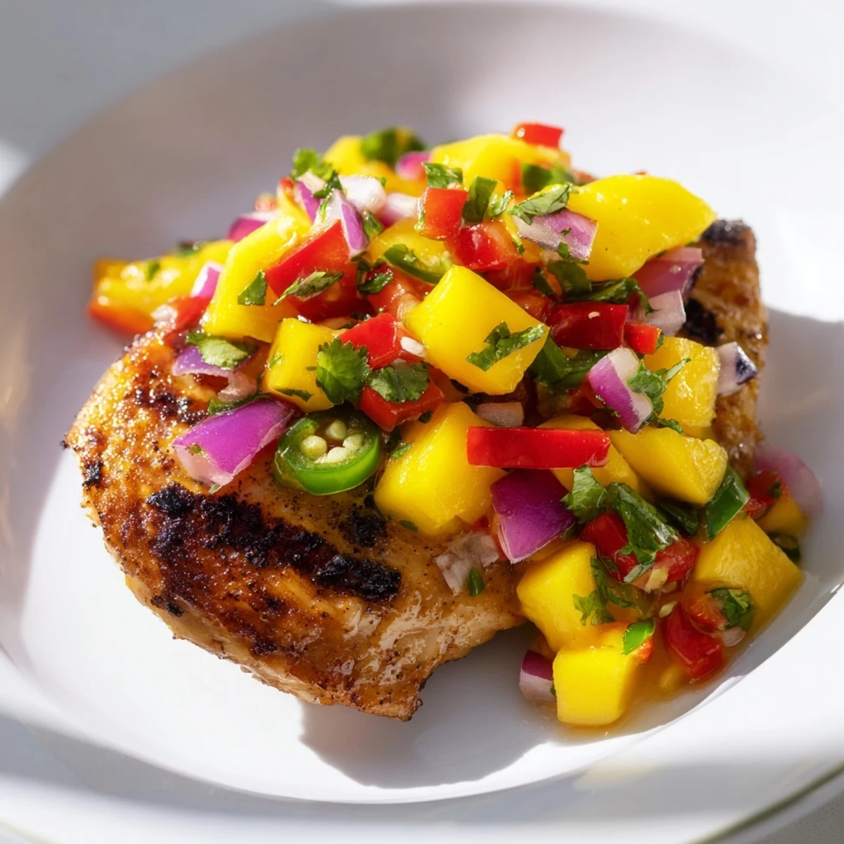 Grilled Mango Salsa Chicken with bright, colorful salsa topping juicy grilled chicken breasts.