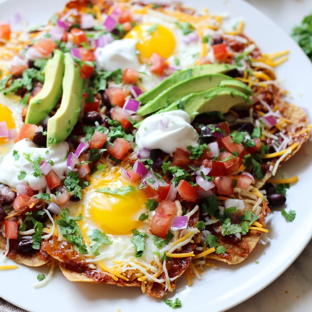 Golden tortilla chips piled high with savory ingredients and topped with a perfect egg, making up the Egg-Topped Breakfast Nachos.