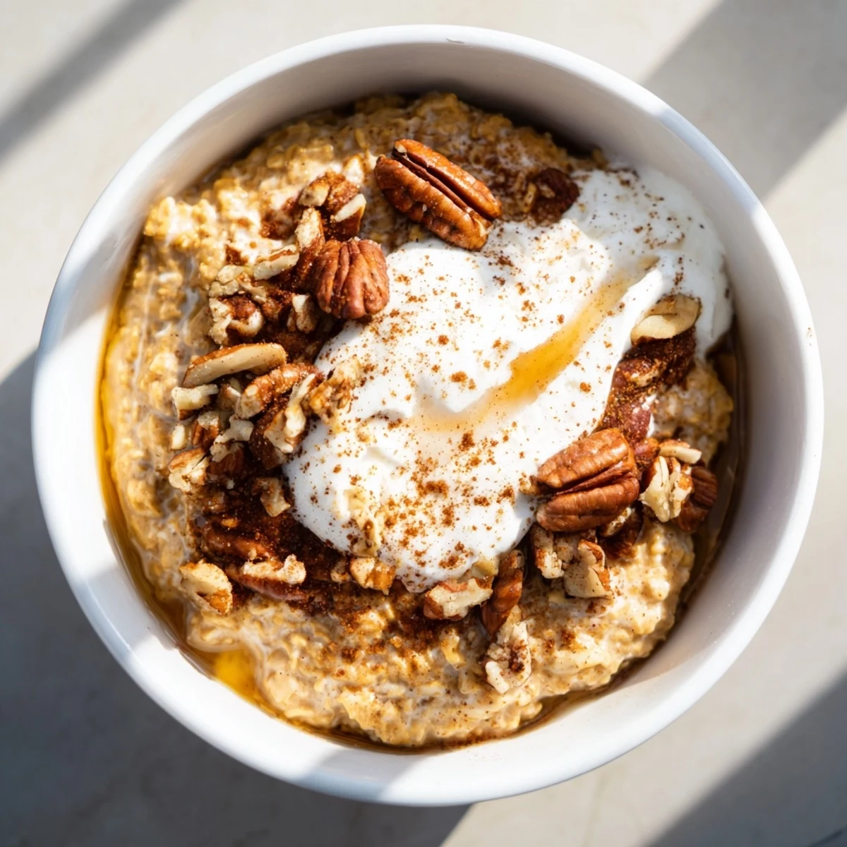 Steaming bowl of Pumpkin Spice Latte Oats, topped with whipped cream and chopped pecans.