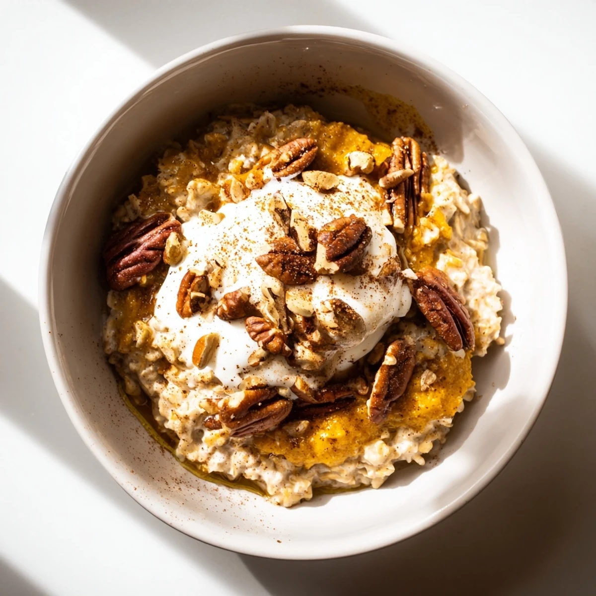 Creamy, flavorful Pumpkin Spice Latte Oats with a drizzle of maple syrup, ready to enjoy.