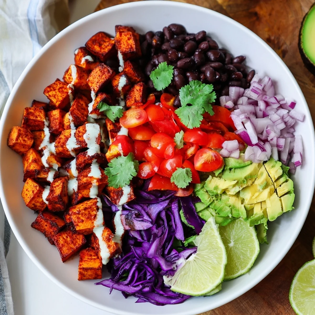 Close-up of hearty Sweet Potato Taco Bowls, featuring black beans and a bright, flavorful lime dressing.
