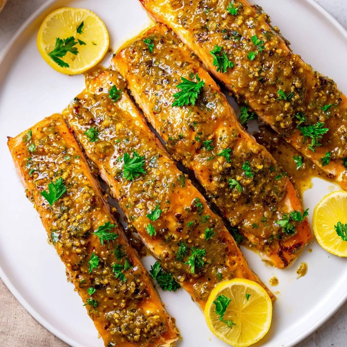 Golden-glazed Honey Mustard Salmon fillets, glistening with sauce, ready to serve with a lemon wedge.