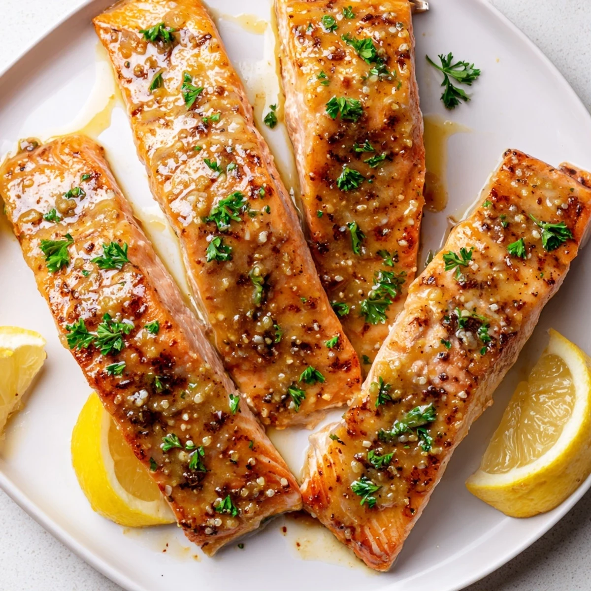 Oven-baked Honey Mustard Salmon, showing flaky salmon under a bubbling, sweet and tangy mustard glaze.
