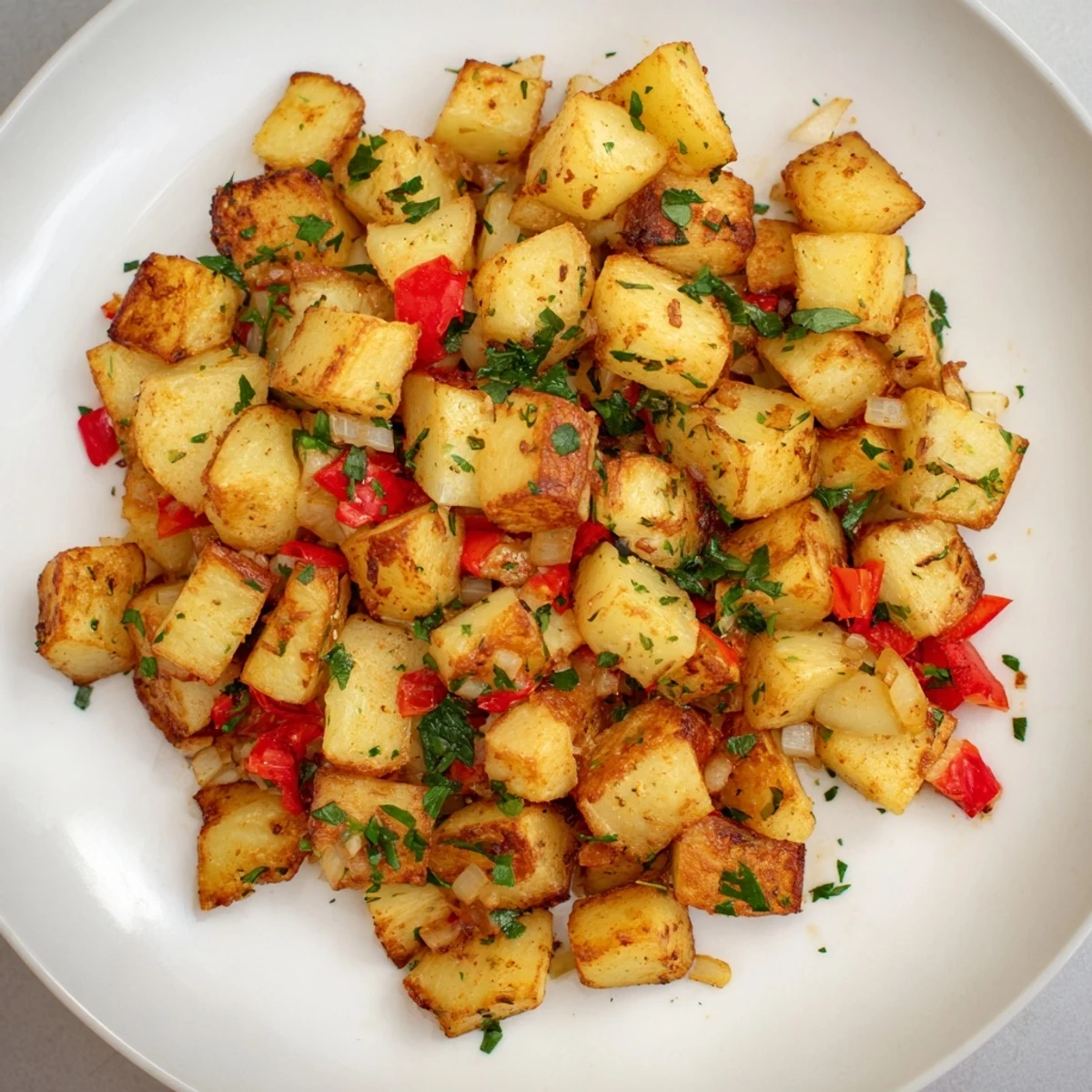 Air Fryer Breakfast Potatoes, with vibrant red peppers and onions, offering savory and tender bites.