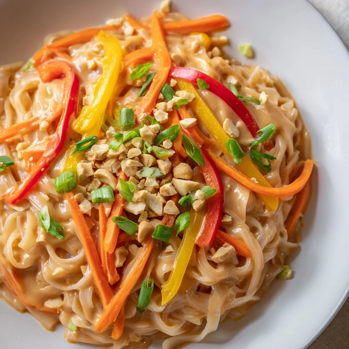 Steaming bowl of spicy peanut noodles, a colorful vegetarian main dish ready to eat.