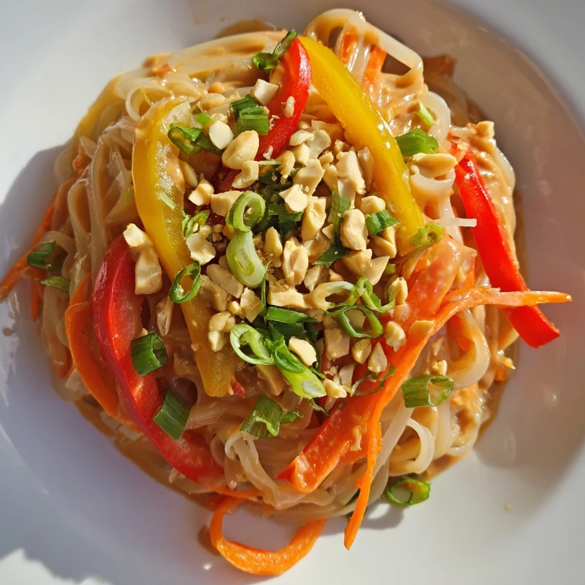Delicious, flavorful spicy peanut noodles with vegetables, served with a lime wedge.