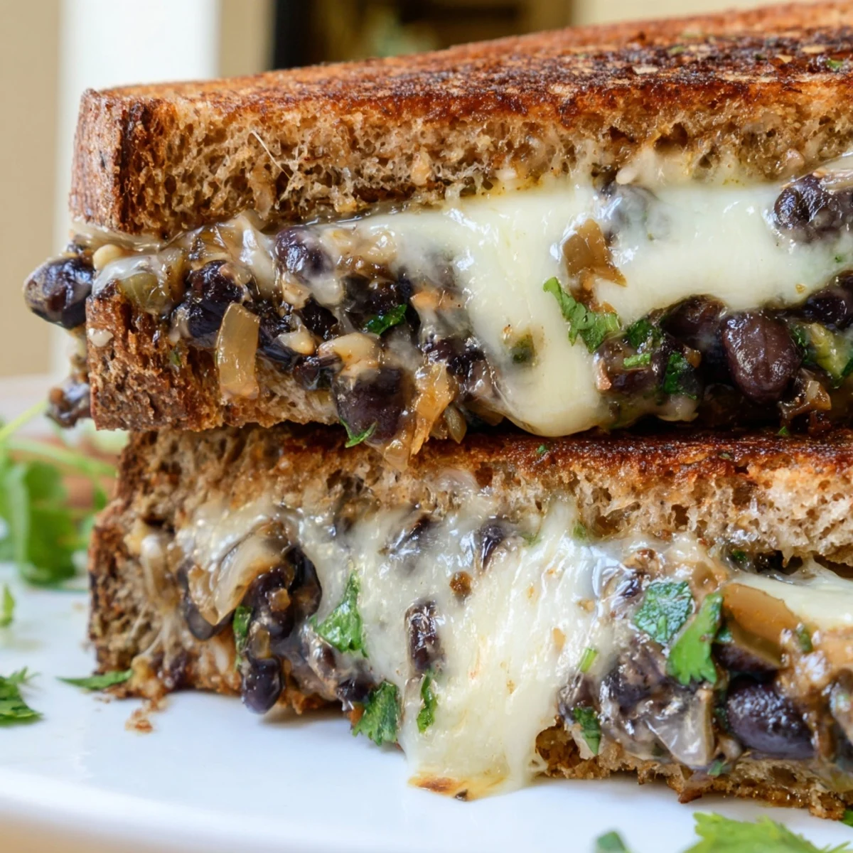 A close-up shot of a warm, cheesy Black Bean Grilled Cheese sandwich ready to be sliced and enjoyed.