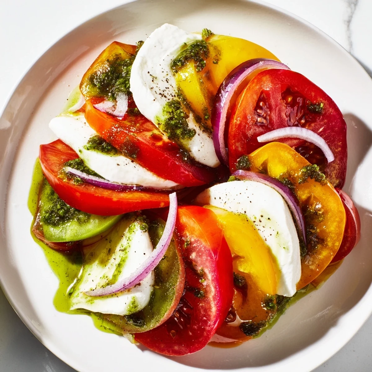 Summer tomato salad with basil oil: a colorful arrangement of ripe tomatoes and fresh mozzarella.