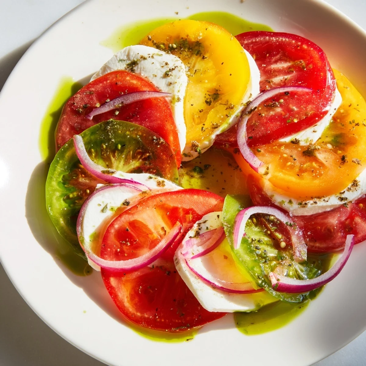 This summer tomato salad with basil oil features bright red and yellow heirloom tomatoes, delicious!