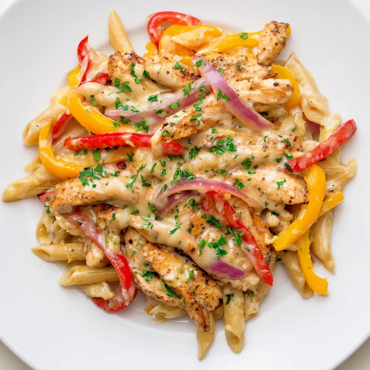 Cajun Chicken Pasta with colorful peppers, a creamy sauce, and fresh parsley garnish.