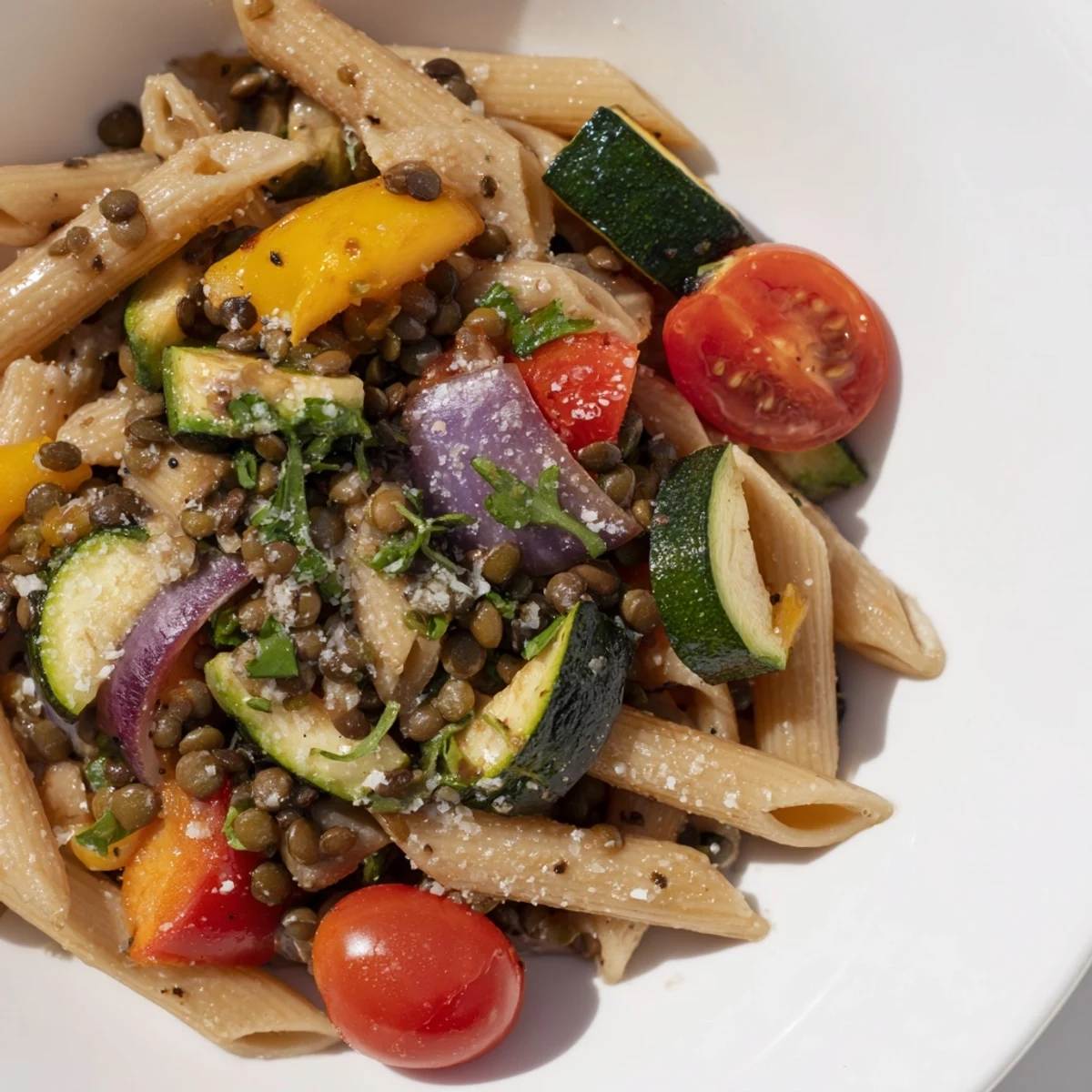 Lemony Lentil Pasta with roasted vegetables ready for a satisfying, healthy vegetarian dinner.