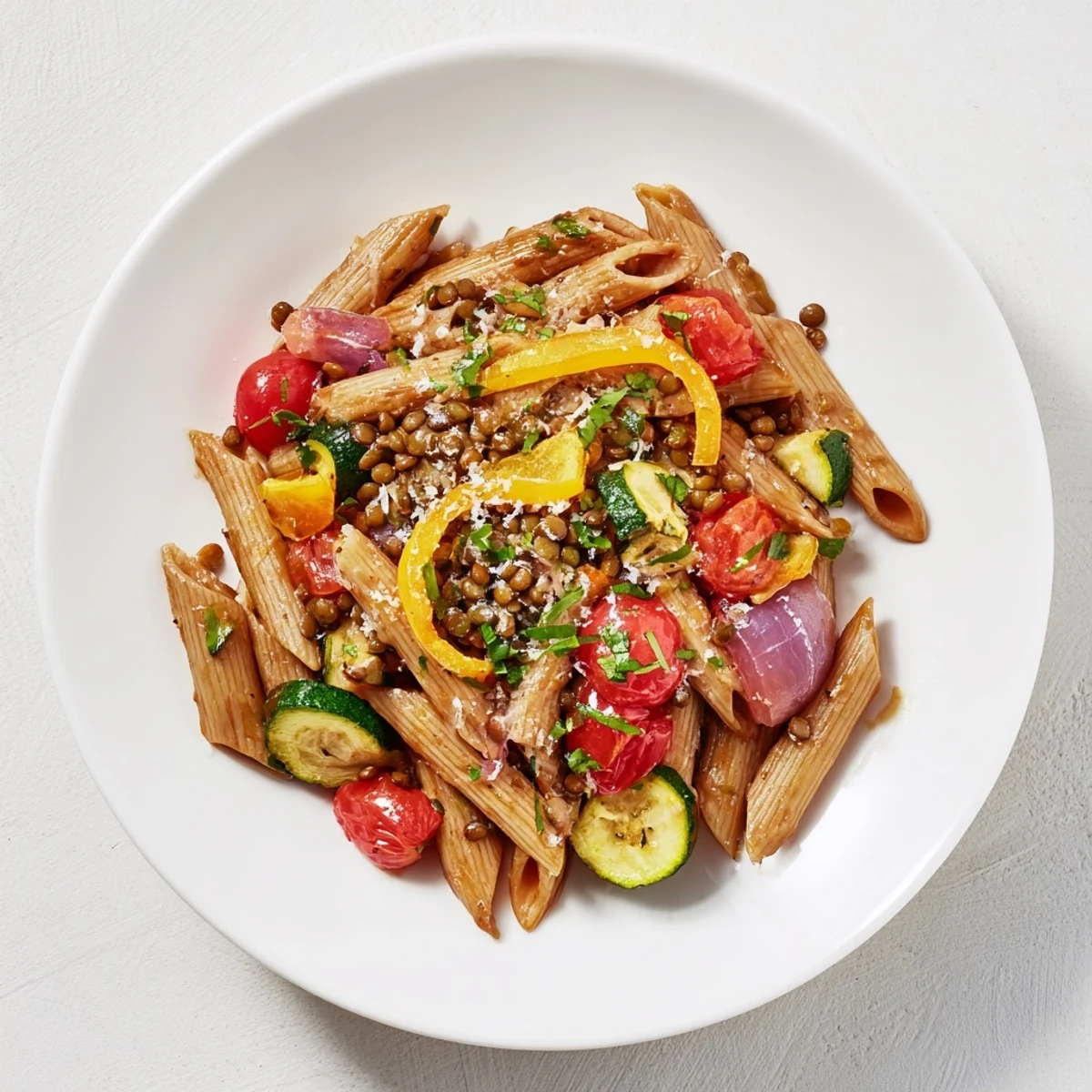 Warm Lentil Pasta, vibrant with tomatoes and peppers, offered as a wholesome, hearty meal option.