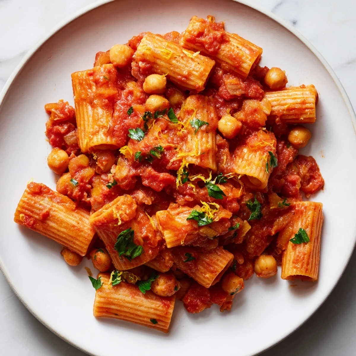 Steaming bowl of Harissa Chickpea Pasta, bright red sauce coating the perfectly cooked pasta.