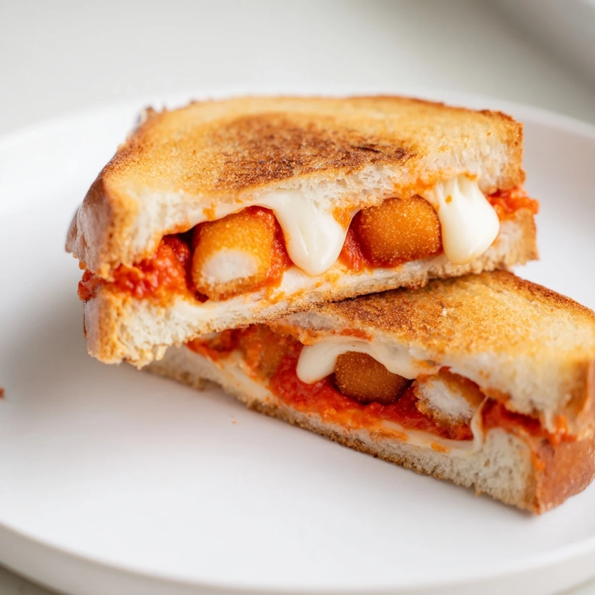 Golden-brown Mozzarella Stick Grilled Cheese, with melted cheese oozing from crispy bread, ready to enjoy.