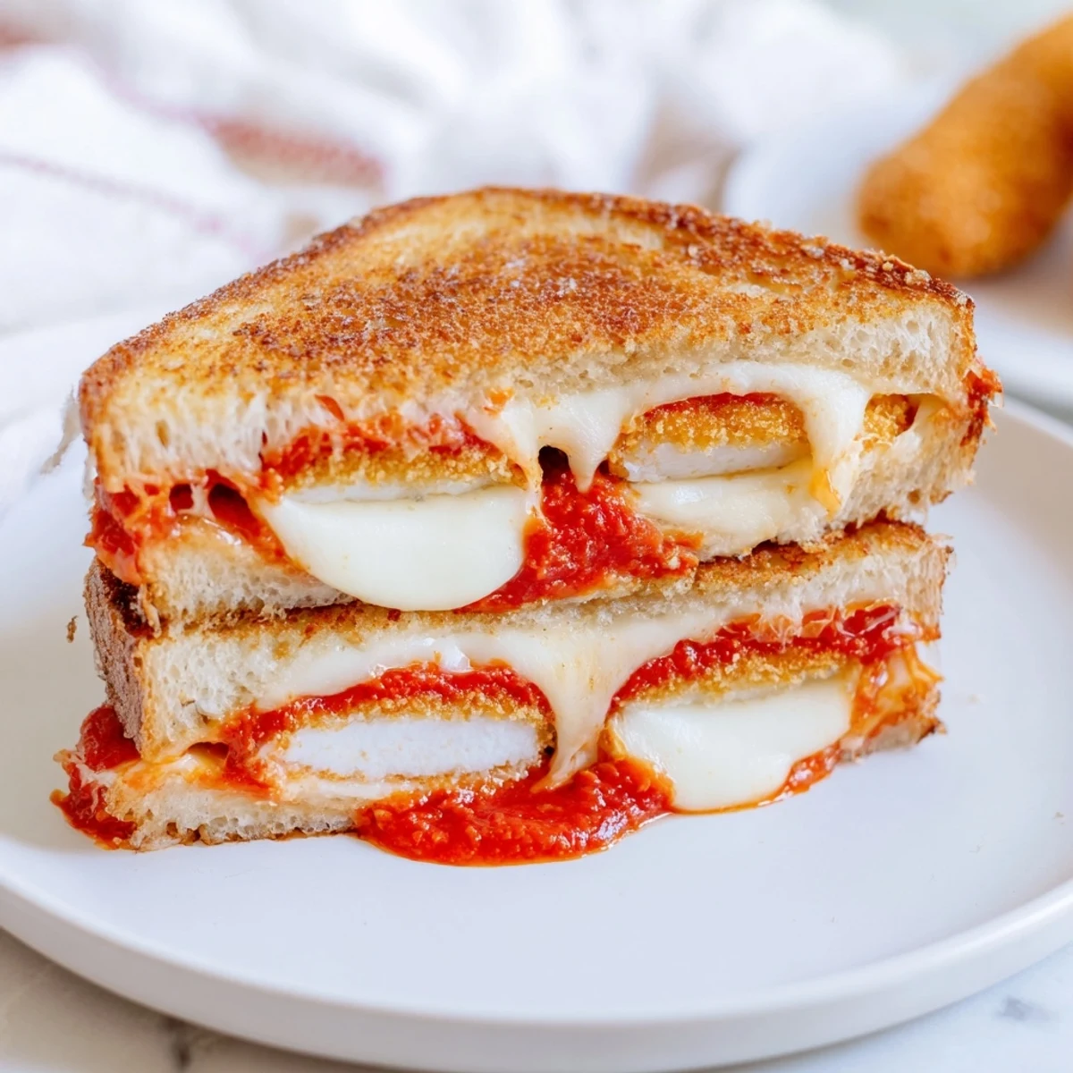 A delicious, close-up view of a savory Mozzarella Stick Grilled Cheese, ready to be sliced and devoured.
