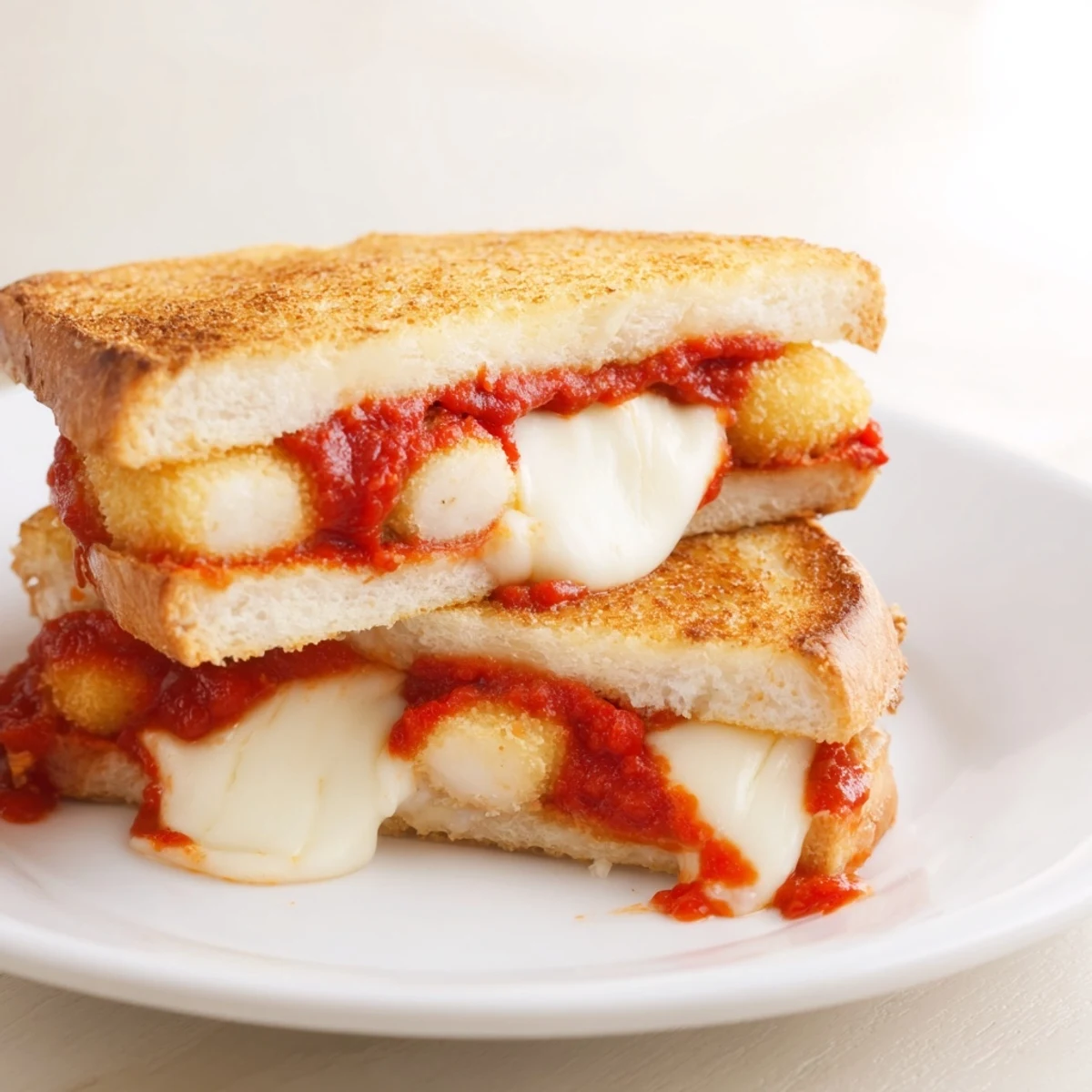 Warm, melted cheese and marinara sauce inside a perfectly cooked Mozzarella Stick Grilled Cheese sandwich.