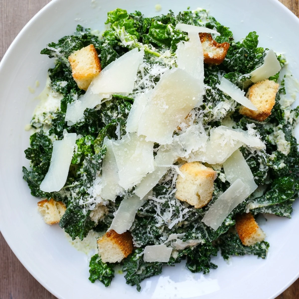 Fresh, vibrant Kale Caesar Salad with bright green kale, Parmesan, and crunchy croutons ready.