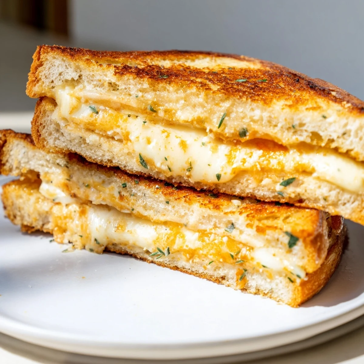 Perfectly melted sharp cheddar inside a Garlic Butter Mayo Grilled Cheese, served hot and crispy.
