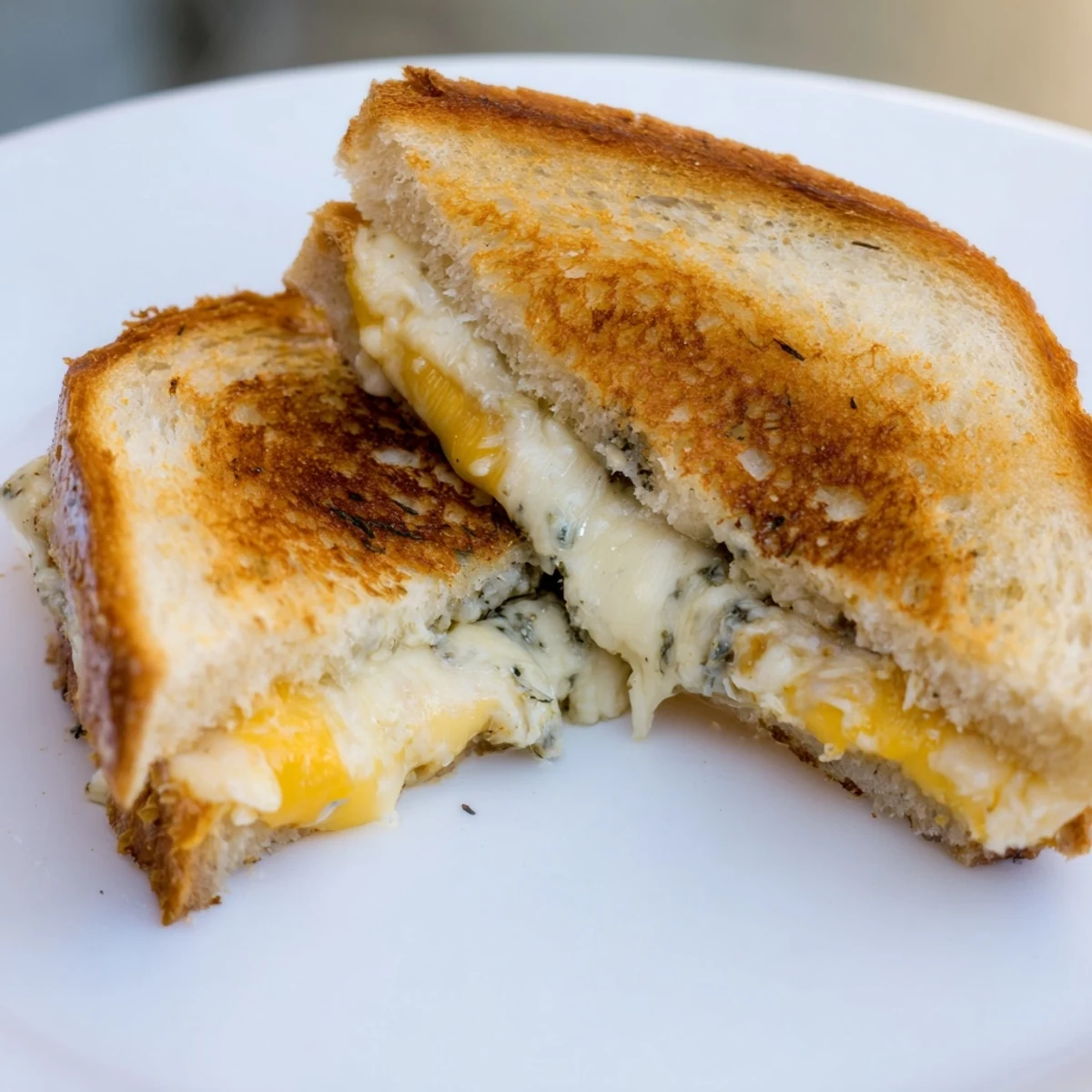 Close-up of a Garlic Butter Mayo Grilled Cheese, showing the golden, crispy sourdough texture and cheese pull.