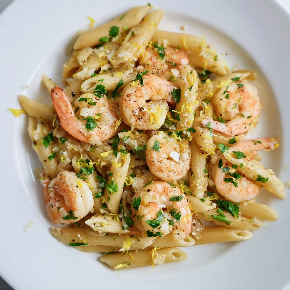 Golden garlic shrimp penne with tender shrimp, al dente pasta, and a buttery sauce ready to eat.