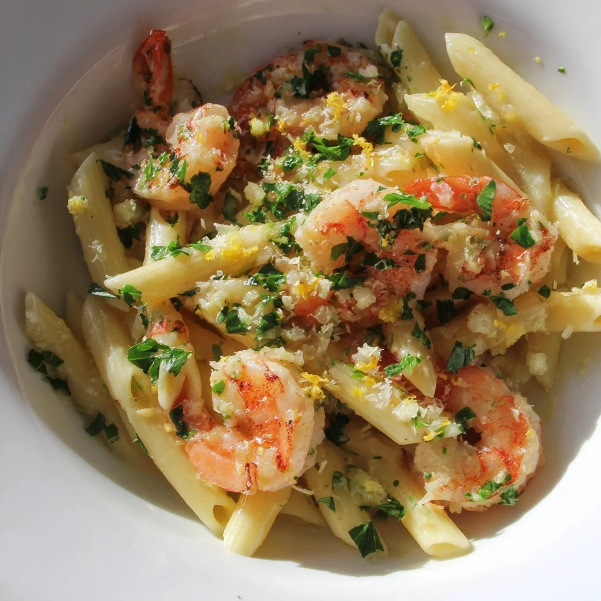 Close-up of a bowl of steaming Garlic Shrimp Penne, garnished with fresh parsley and Parmesan.