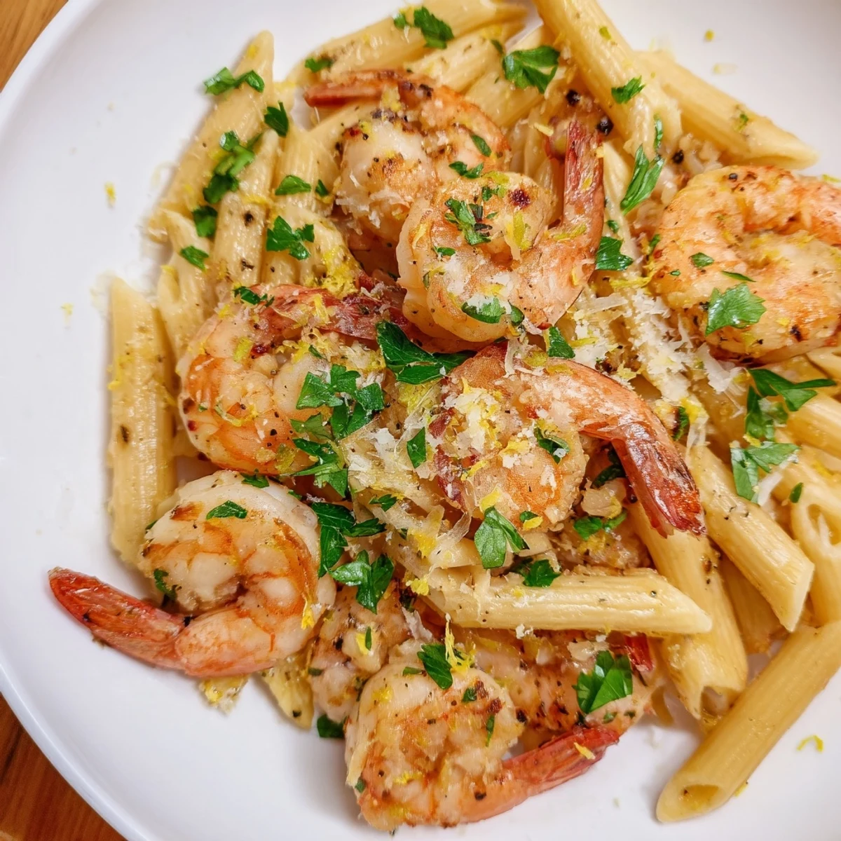 Hearty Garlic Shrimp Penne, a vibrant Italian-American dish with succulent shrimp and garlic.