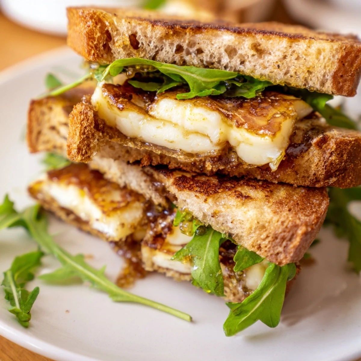 Golden-brown Crispy Halloumi Grilled Cheese, stacked high with bubbling cheese and toasted bread.
