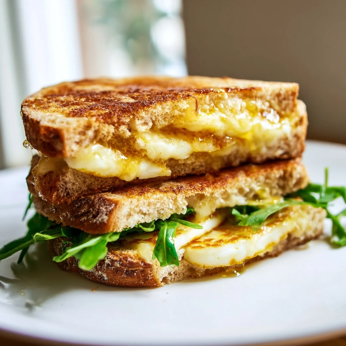 A close-up of a Crispy Halloumi Grilled Cheese, ready to eat, with melted cheese oozing out.