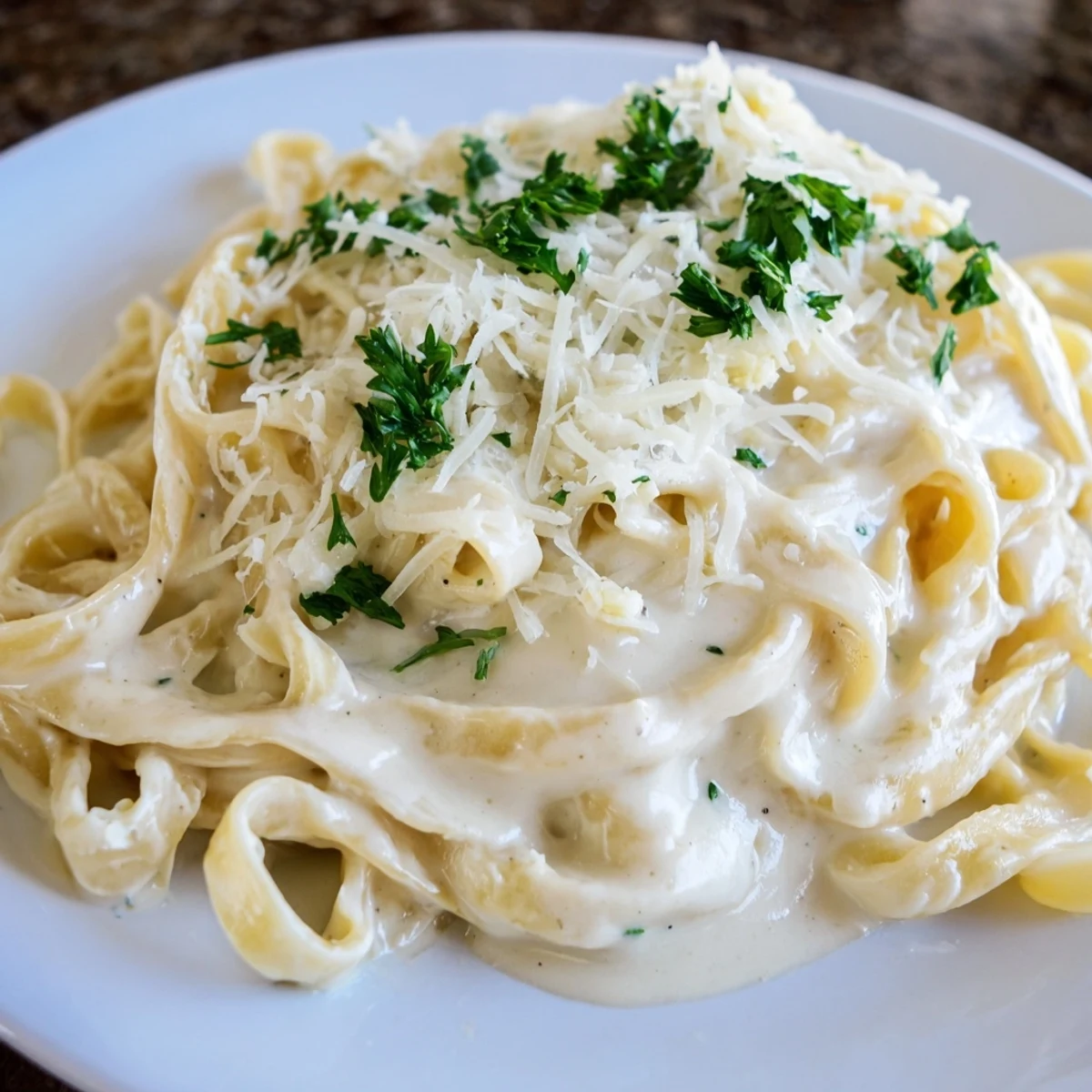 Homemade Cottage Cheese Alfredo with fresh parsley garnish, a delicious and quick Italian meal.