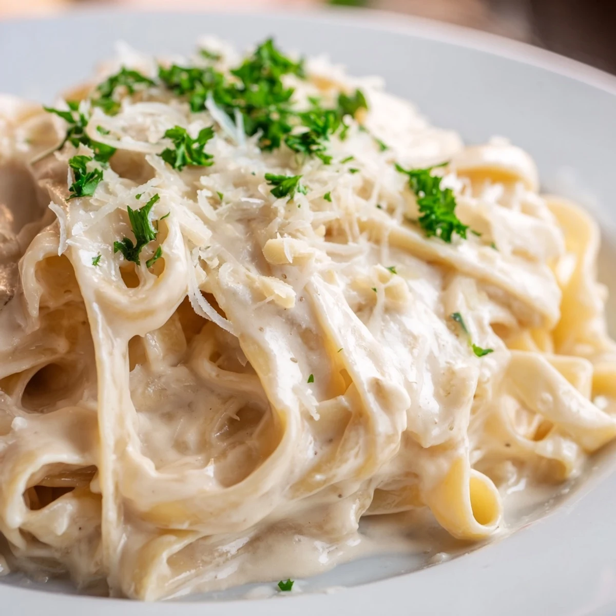 A close-up of smooth Cottage Cheese Alfredo sauce, perfect for coating pasta, ready to serve and enjoy.