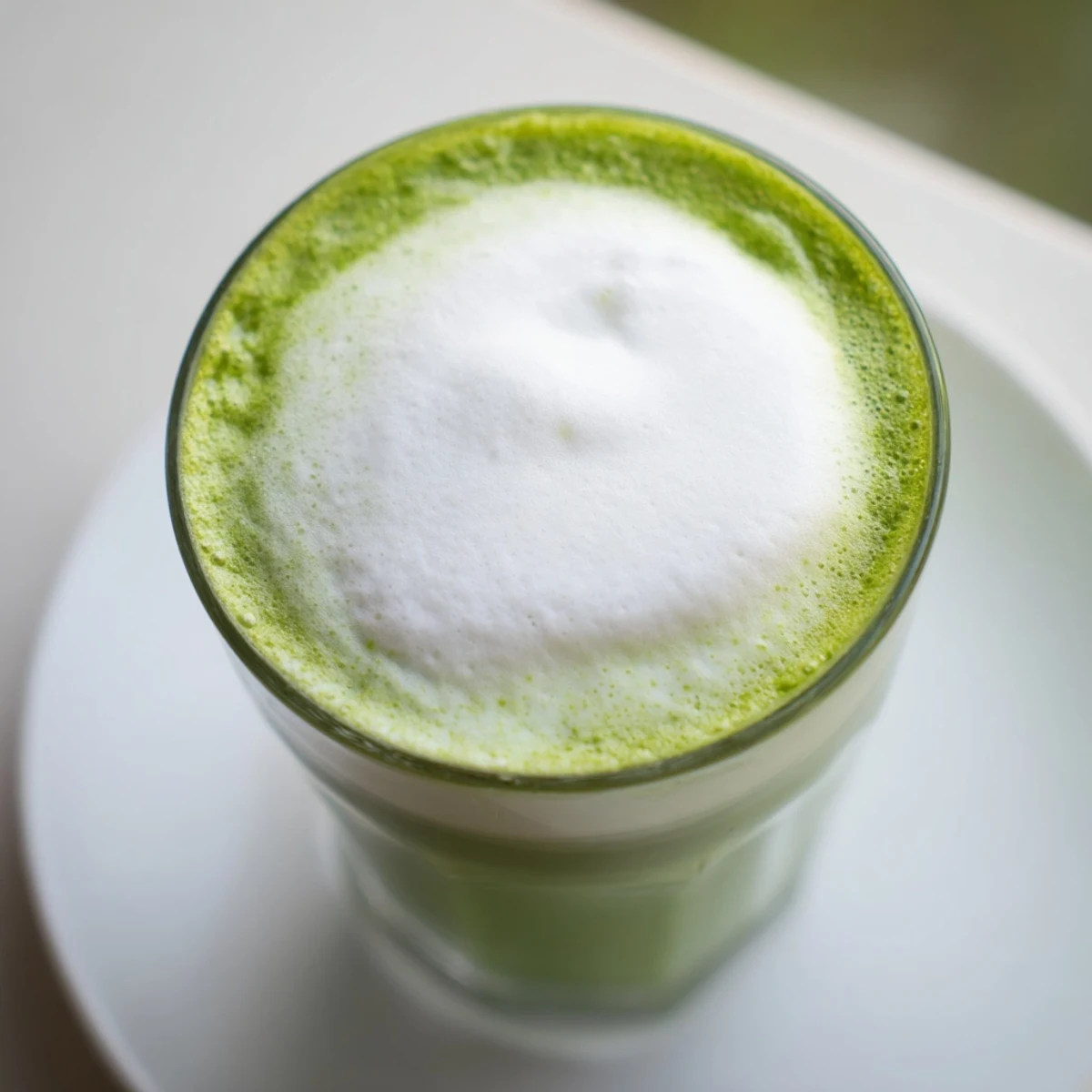 A close-up of a vibrant green creamy matcha latte, with a sweet layer of cold foam.