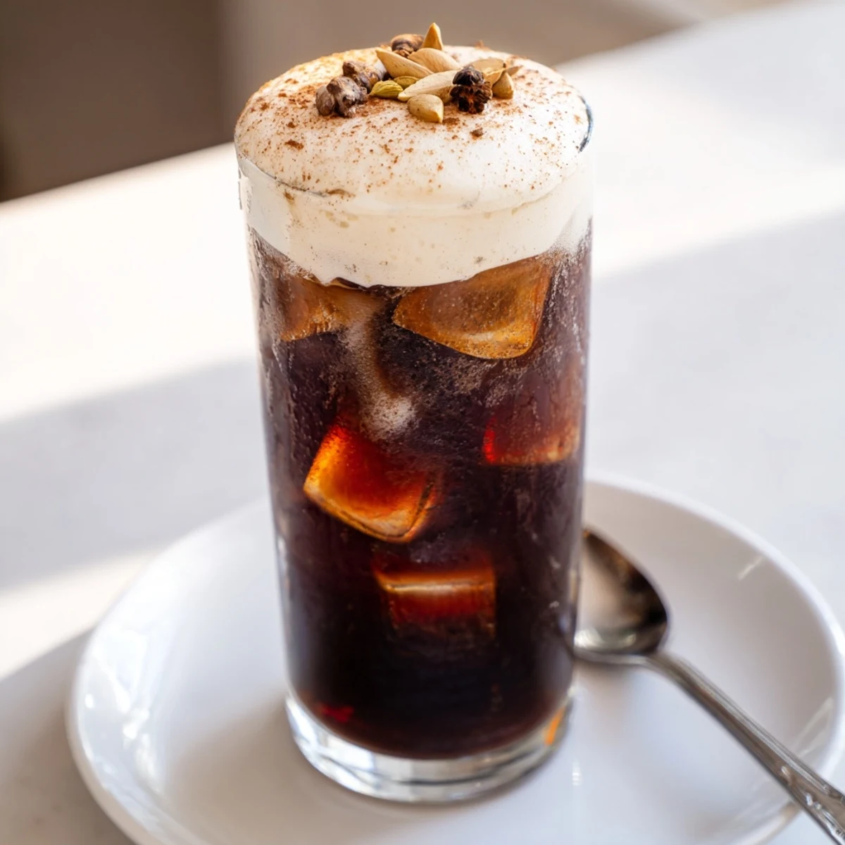 Homemade iced chai, a refreshing spiced beverage with creamy cold foam, ready to sip.