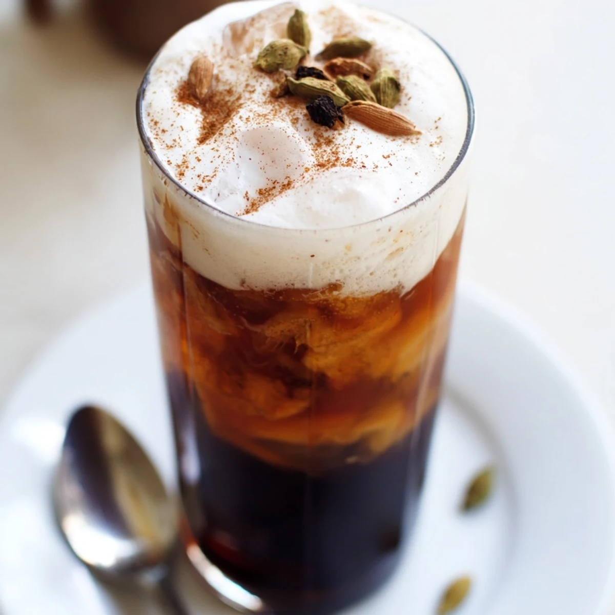 Glass of Homemade iced chai showcasing a beautiful, frothy cold foam topping the chai concentrate.