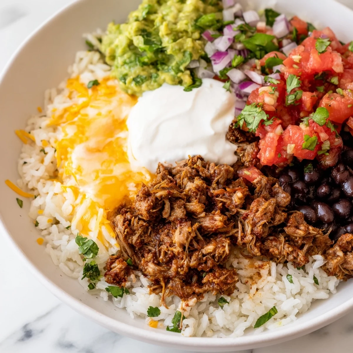 A vibrant Chipotle Burrito Bowl copycat brimming with tender carnitas, creamy queso, and fresh toppings.