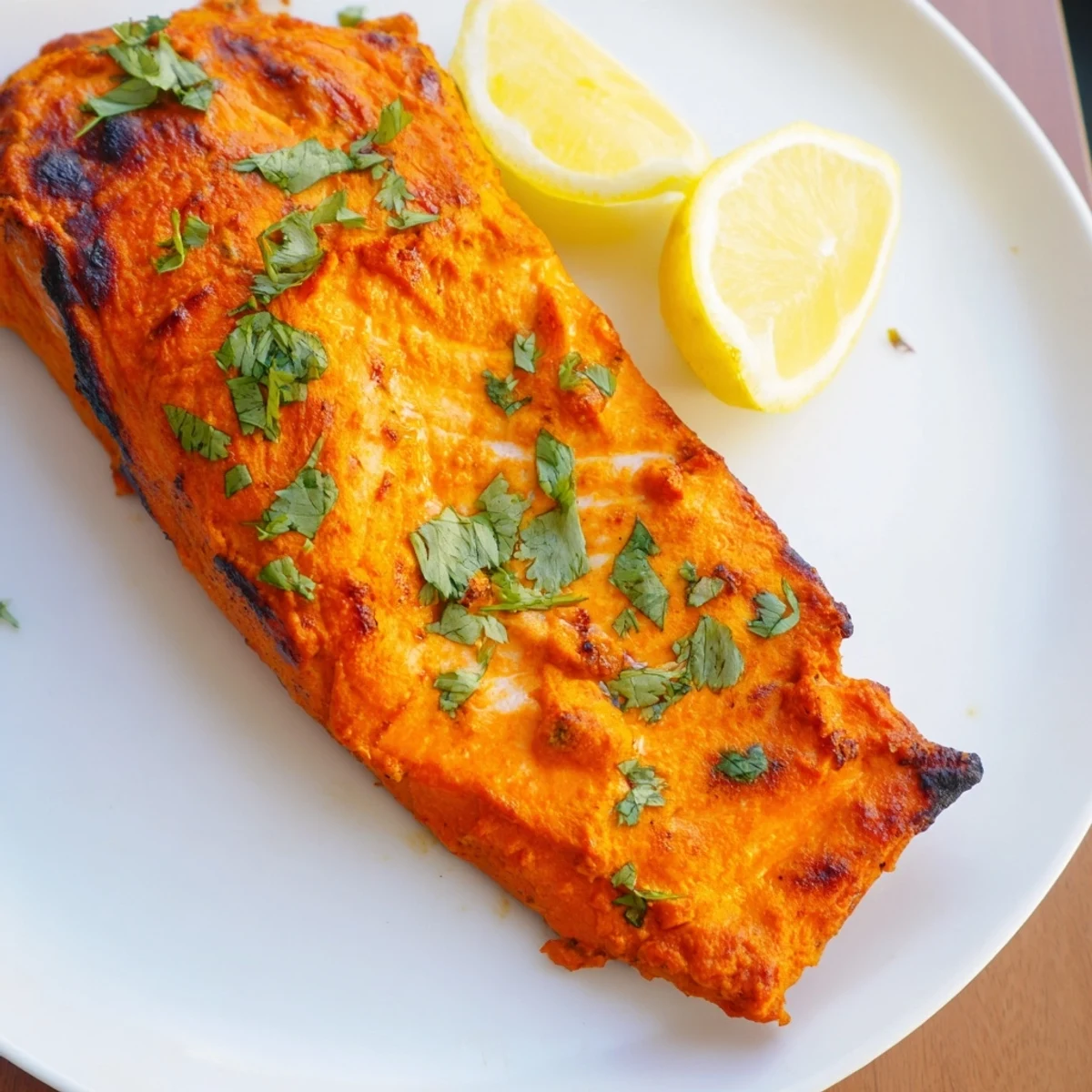 Golden-crusted Indian Tikka Salmon, beautifully marinated and ready to serve with fresh coriander.