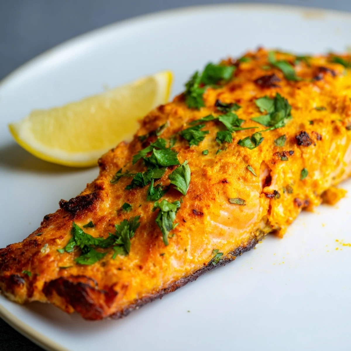Close-up of succulent Indian Tikka Salmon with lemon, a flavorful, quick, and easy weeknight recipe.