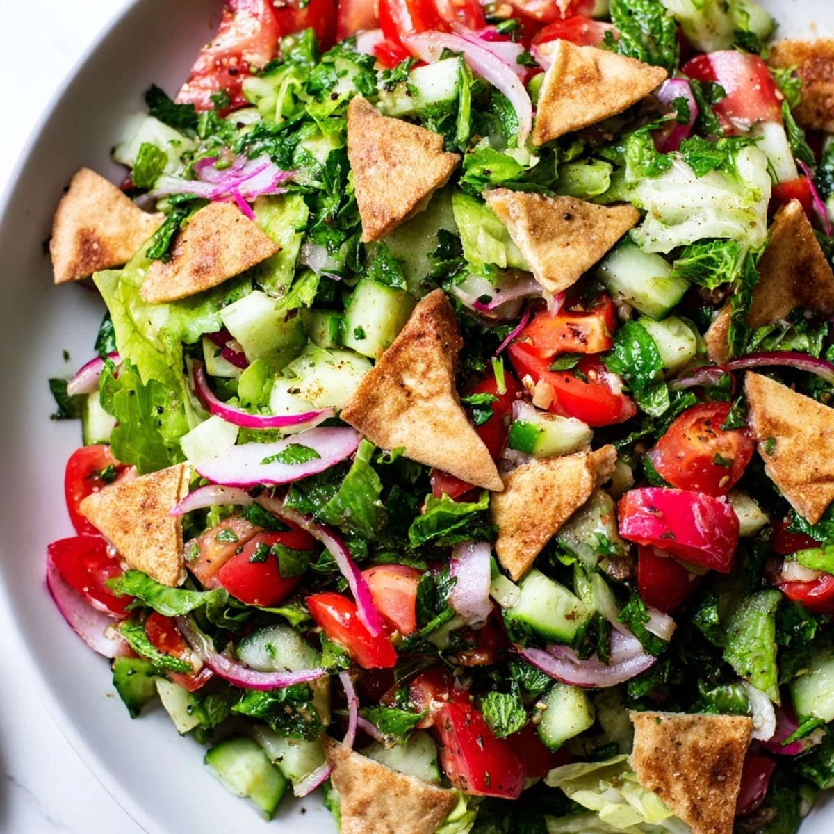 Lebanese Fattoush Salad with vibrant colors, crunchy pita chips, and a tangy sumac dressing.