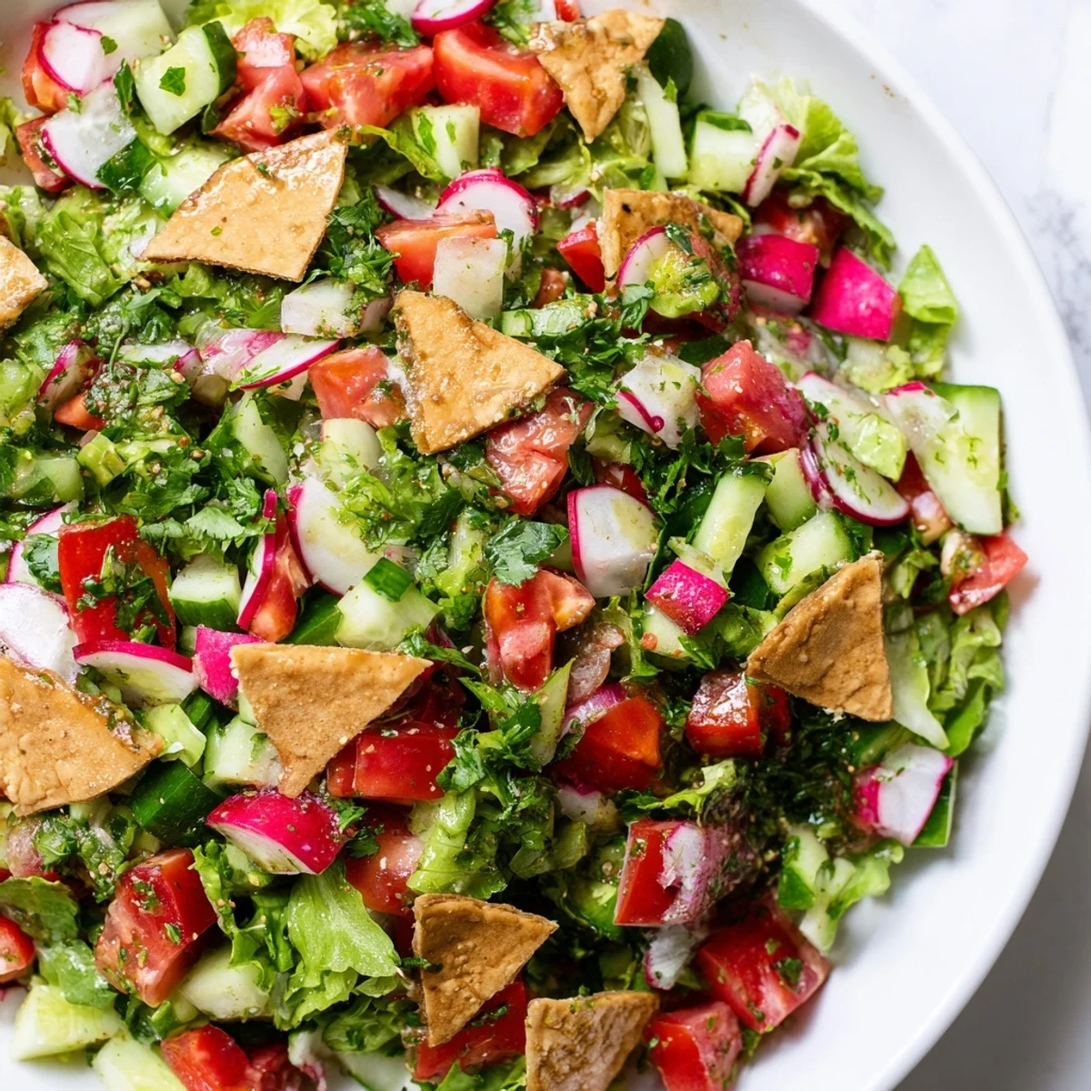 Fresh Lebanese Fattoush Salad, featuring a mix of chopped vegetables and bright green herbs.