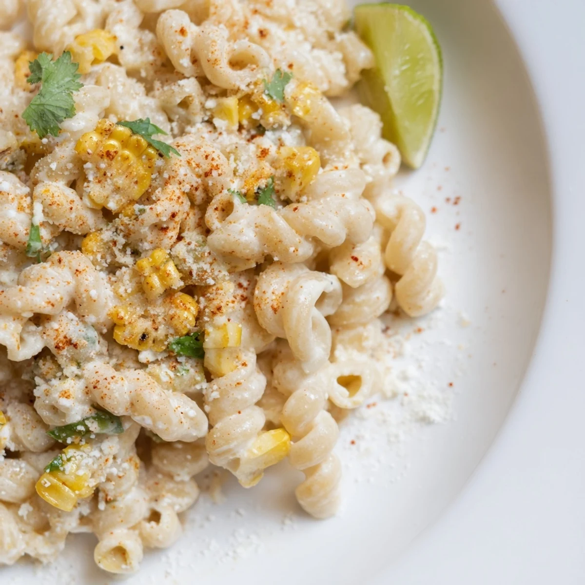 Creamy Mexican Street Corn Pasta, topped with cotija and cilantro, looks incredibly flavorful.