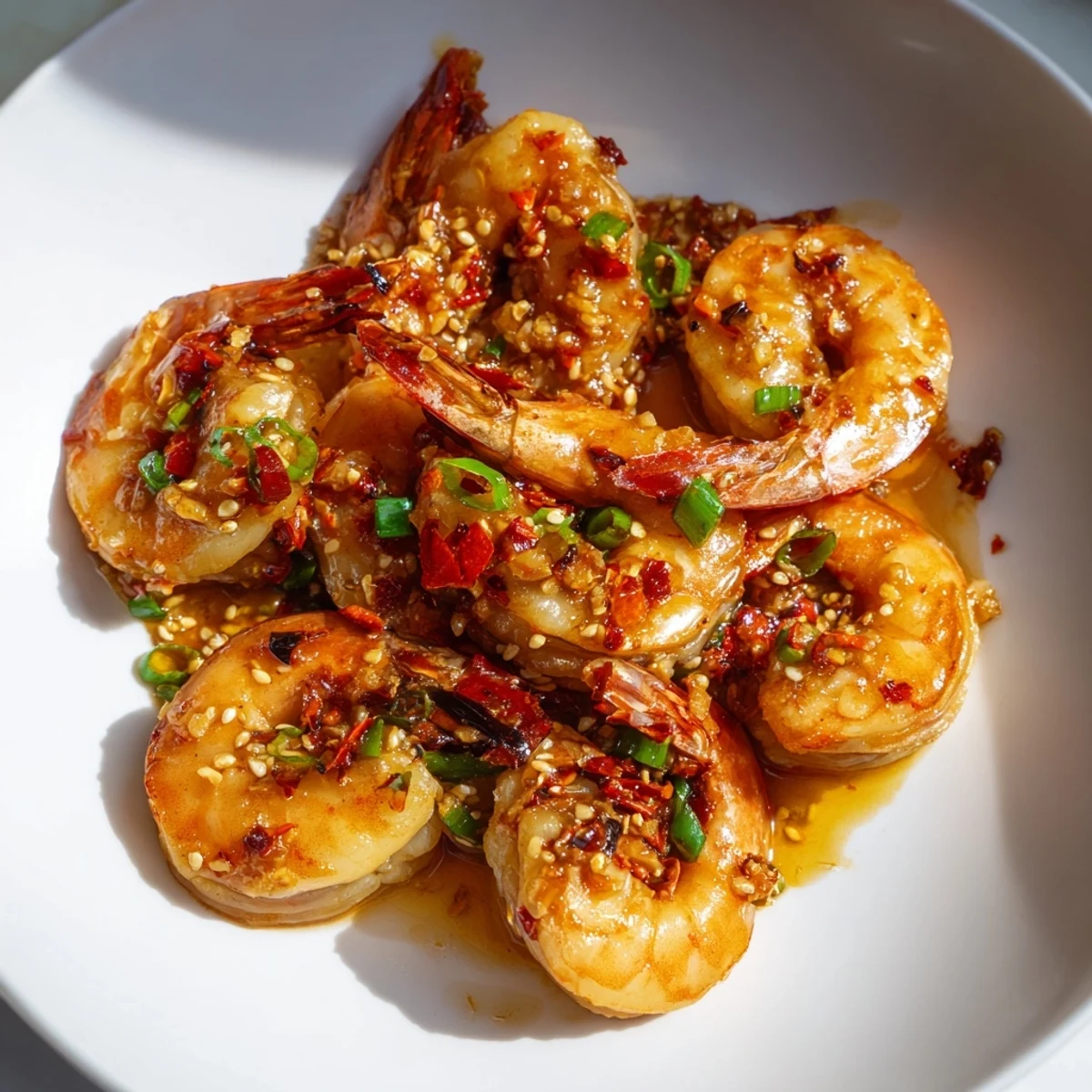 Golden, glistening Korean Garlic Butter Shrimp, ready to serve with fresh green scallions and sesame seeds.