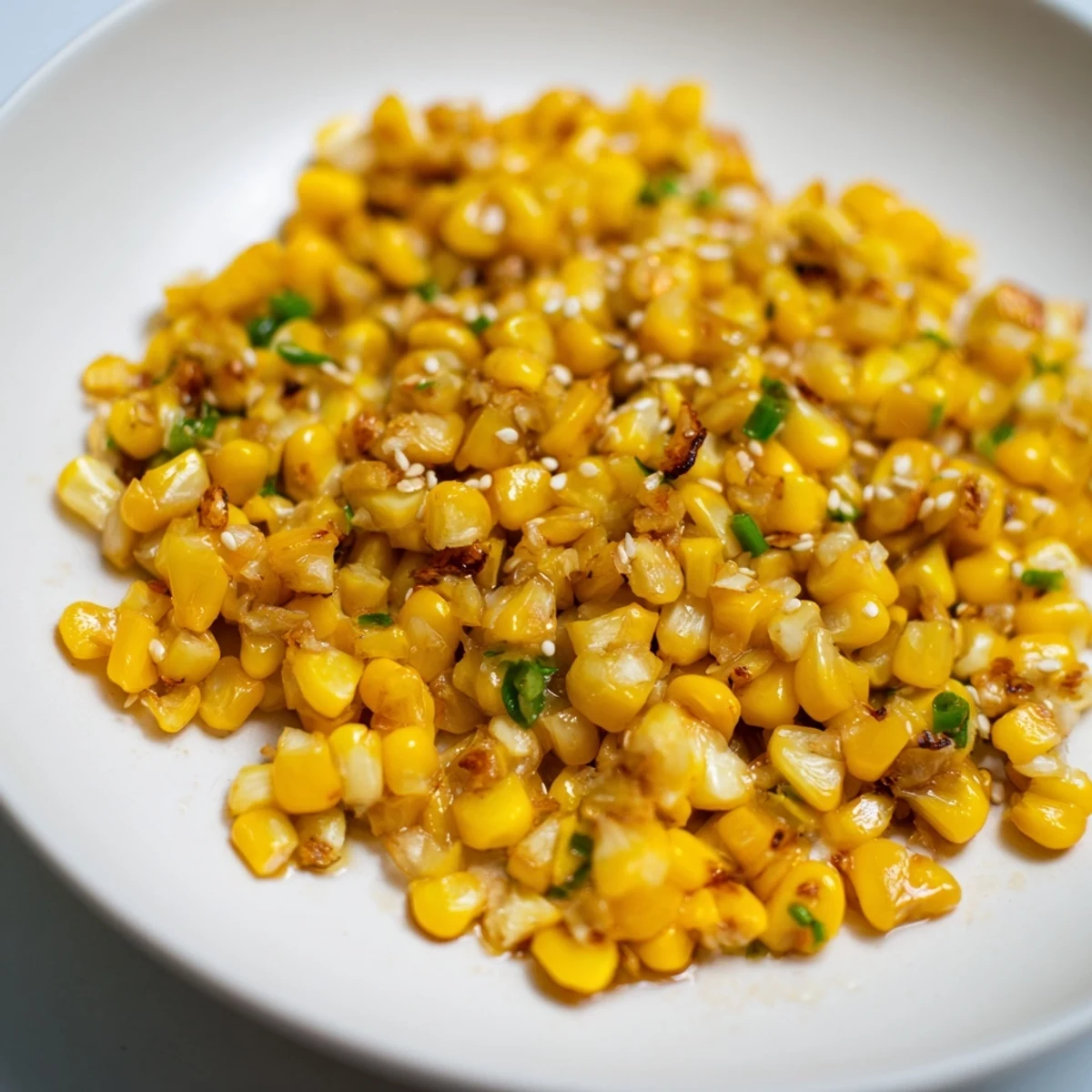 Sizzling skillet displaying Japanese Butter Corn, a simple side with soy sauce and fresh corn.