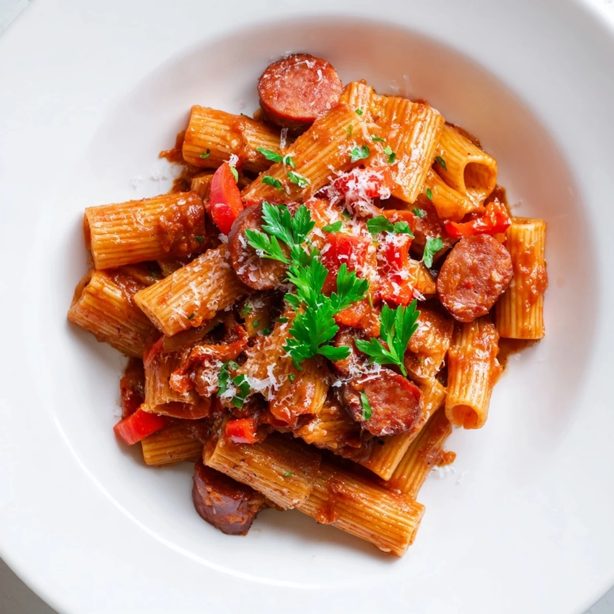 Smoky Spanish Chorizo Pasta, served in a bowl, is bursting with vibrant tomato sauce and fresh parsley.