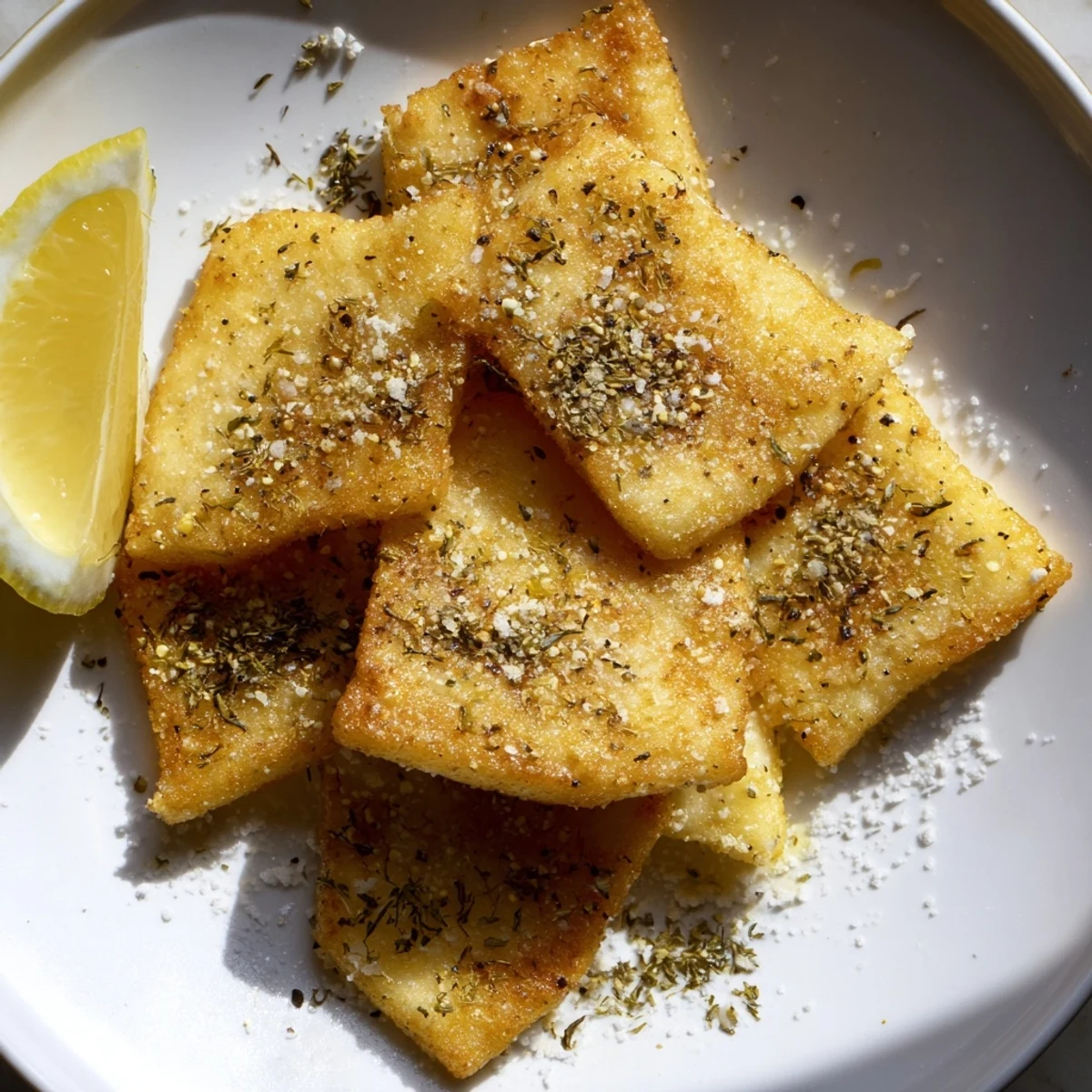 Golden, crispy Greek Saganaki cheese appetizer, sizzling hot, ready to be squeezed with lemon.