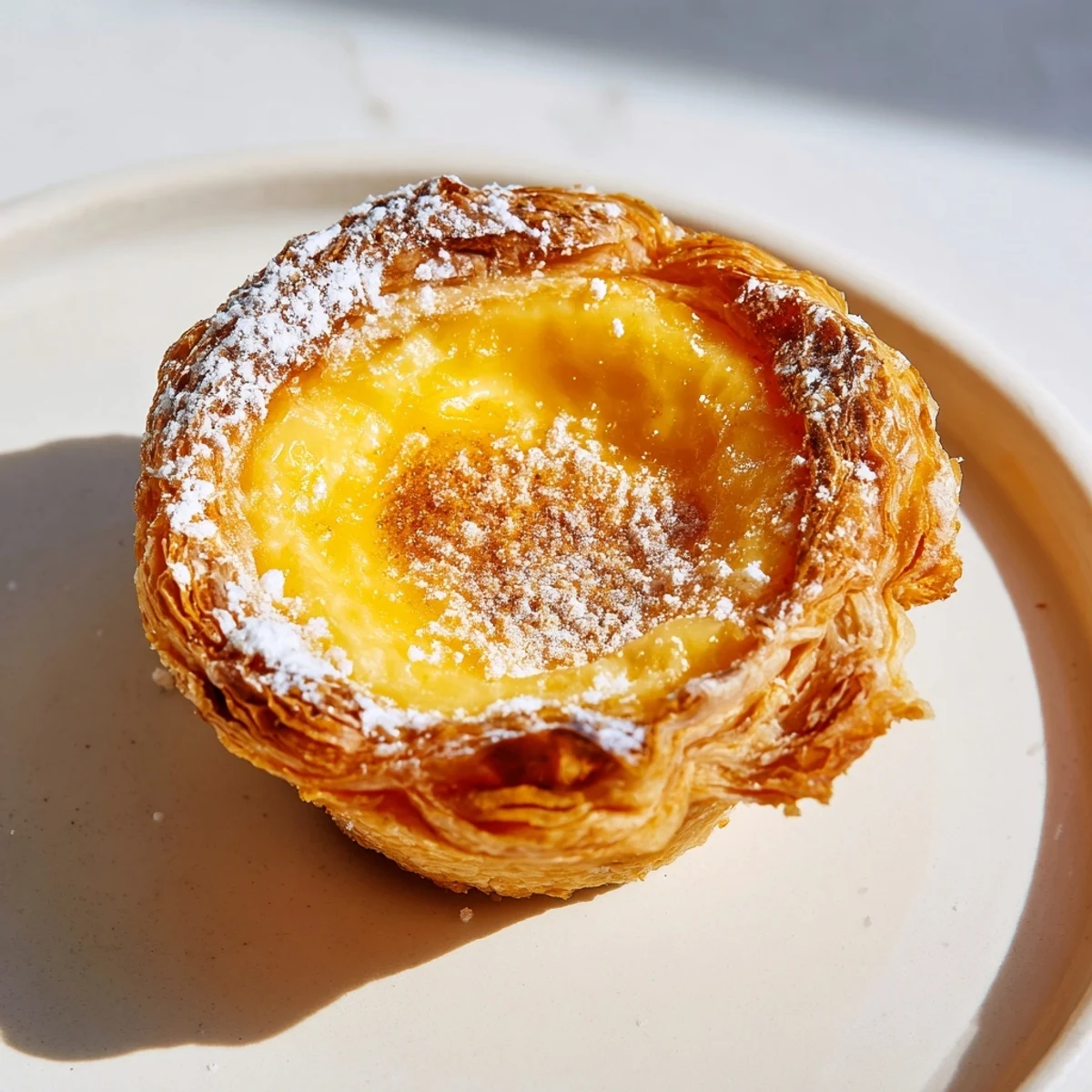 A close-up of a freshly-baked Portuguese egg tart, showing its creamy custard and crispy pastry shell.