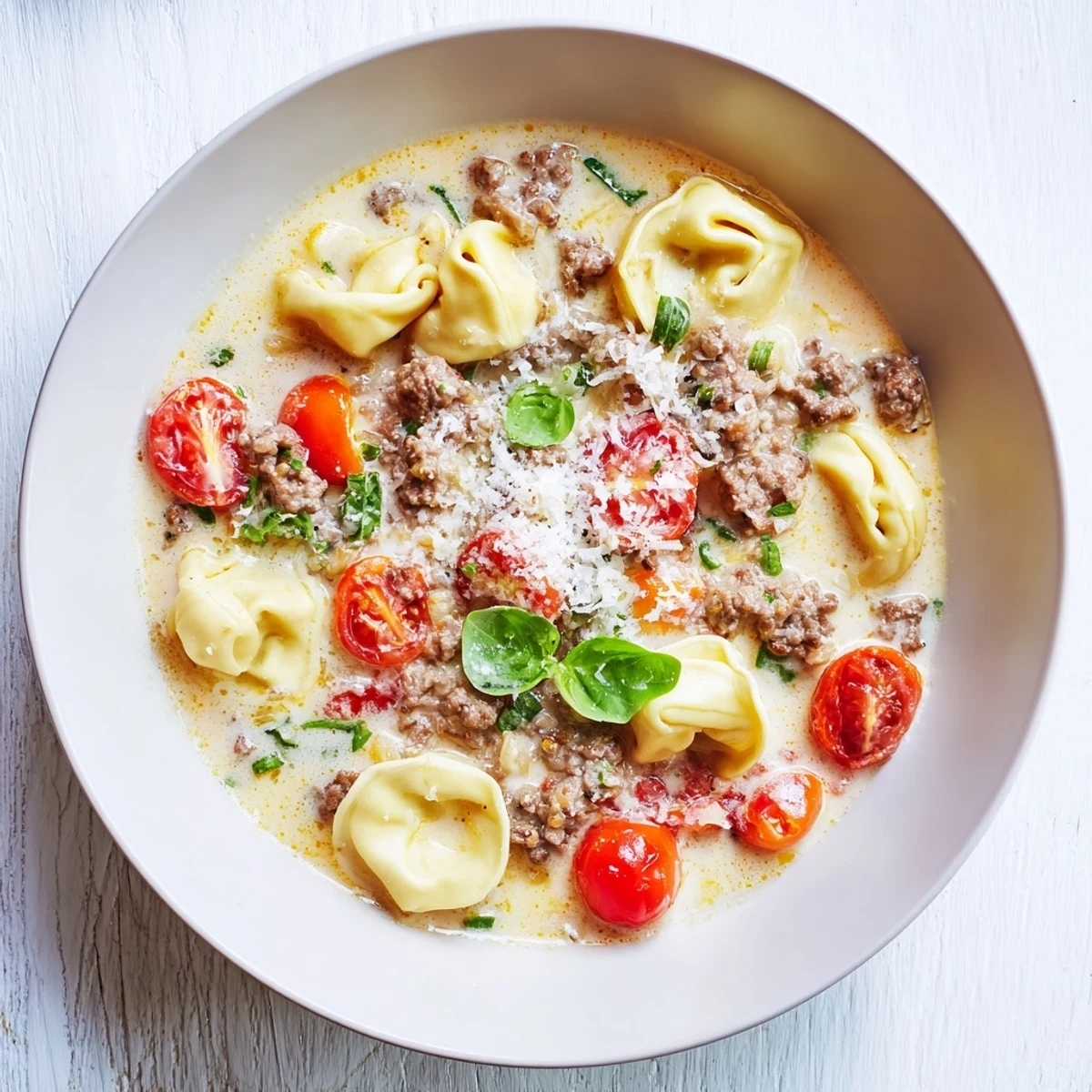 Creamy beef and cheese tortellini soup garnished with Parmesan and fresh basil, served steaming in a rustic bowl.