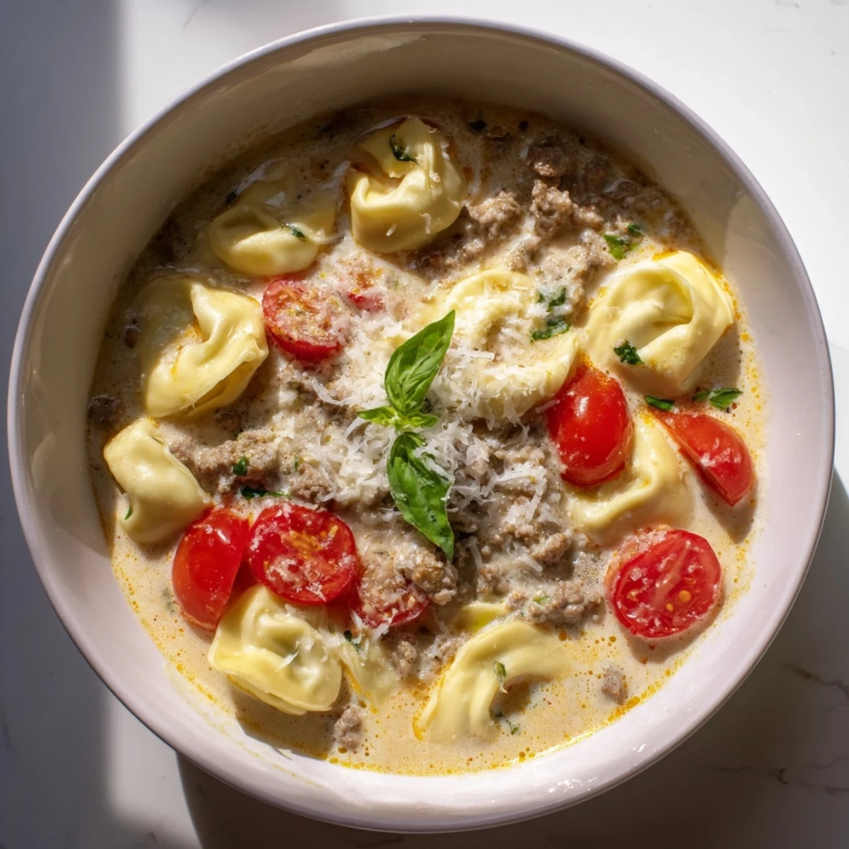 Hearty Italian-American tortellini soup with ground beef, cherry tomatoes, and spinach in a rich, creamy broth.