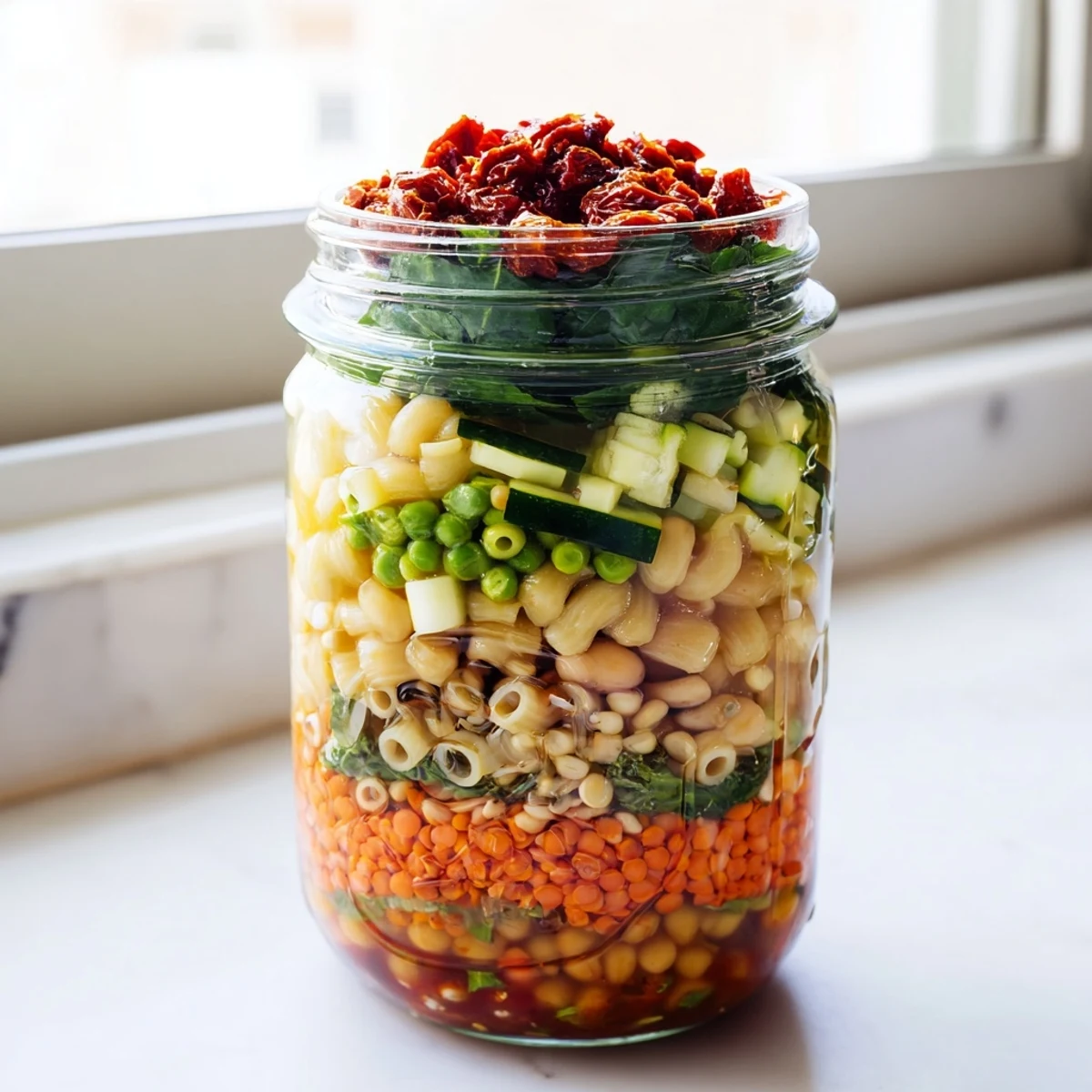 A layered jar of Minestrone Soup, with vibrant diced carrots, zucchini, and spinach packed over pasta and lentils.